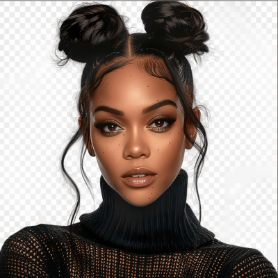 Create an ultra realistic black woman with long hair in two buns, wearing large eyelashes and full lips, wearing a dark turtleneck sweater on transparent background. She has some freckles and her makeup is subtle but beautiful. Her eyes have dramatic winged lashes. she's looking straight at the camera. The style should be like it was drawn by hand using digital art techniques.