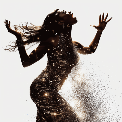 The silhouette of a beautiful pregnant woman with a dress made of sparkles against a white background, reaching for the stars. Glittering dust is in her hair and on her . The style is high contrast and photorealistic, as she dances. She has long wavy brown hair.