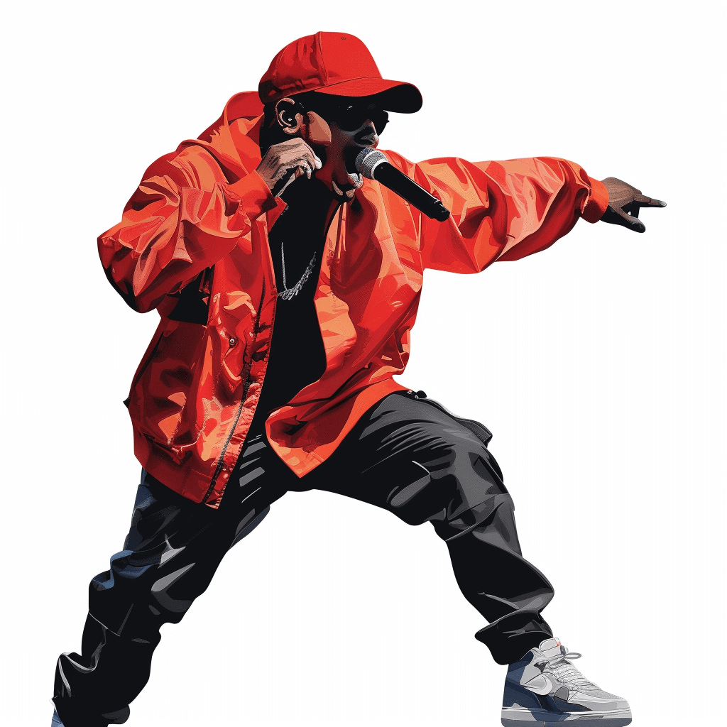 Kanye West dancing with a microphone, vector illustration, white background, wearing a red jacket and black pants, high resolution, no shadow in the style of digital art, in the style of hyper realistic