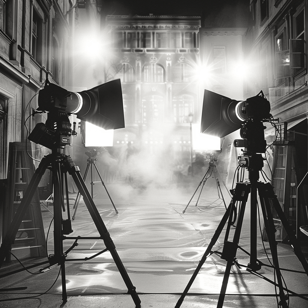 Black and white photograph of two cameras on tripods in front of the evening hall, lights shining down from above with smoke coming out, city street, photorealistic, in the style of hyperrealism, cinematic