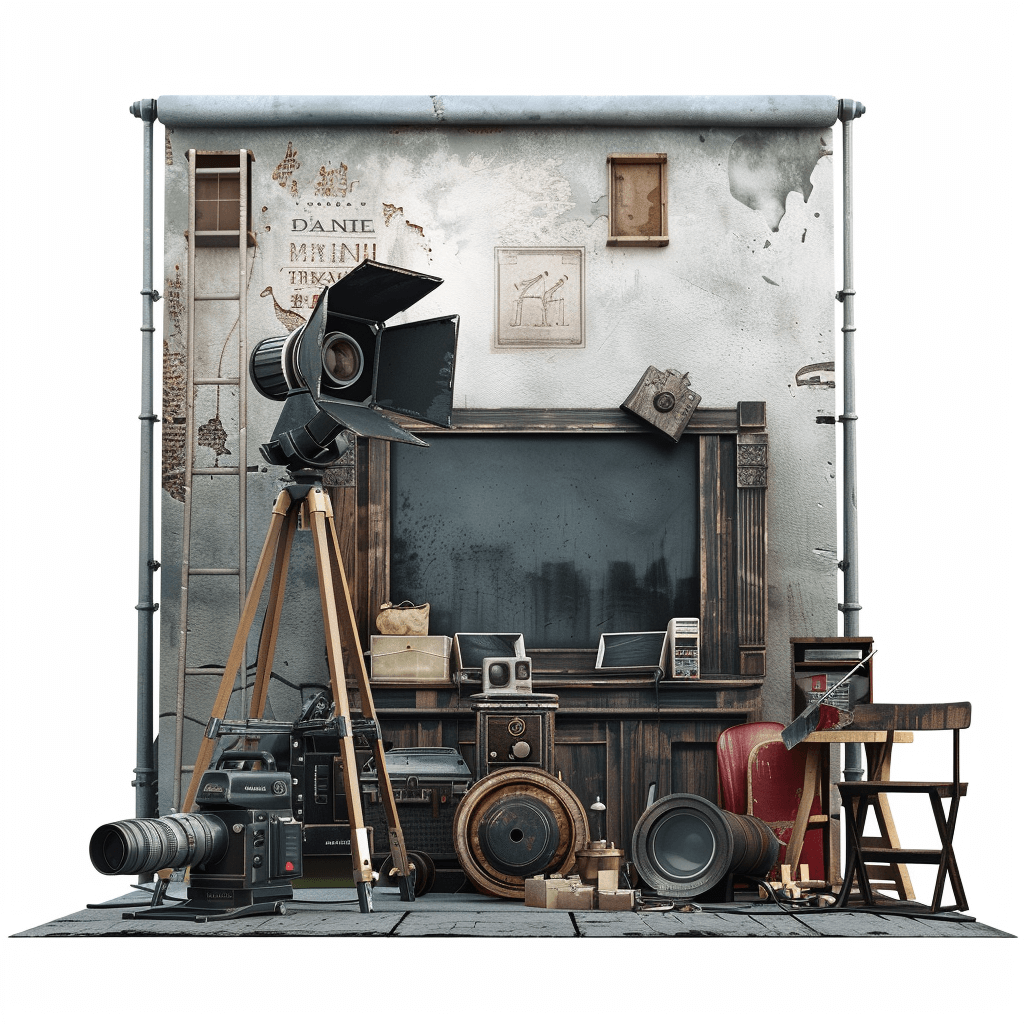 A photo studio backdrop with an old movie set, cameras and other equipment on a white background in the style of hyper realistic minimal editing.