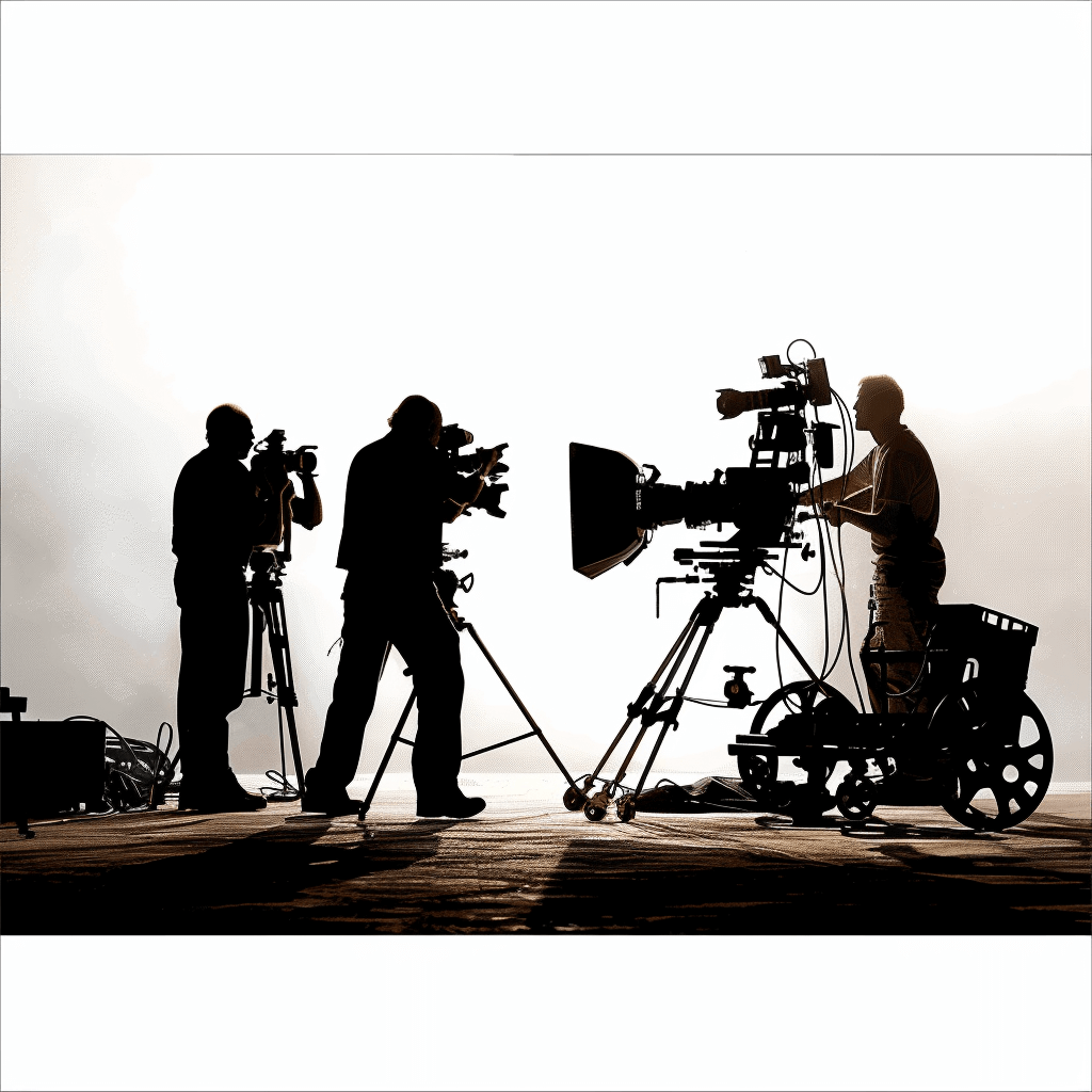 A silhouette of film crew working on set, cameras and lights in use, crew members holding equipment, against white background.