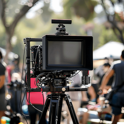 photo of an Arri Alexa camera on a tripod, with a large monitor and Blackmagic URSA Mini Pro 4.6K G2 Camera, outside at a music festival in Los Angeles, people dancing in the background, bright daylight, shallow depth of field, in the style of Sony FE GM, with super detailed skin texture.