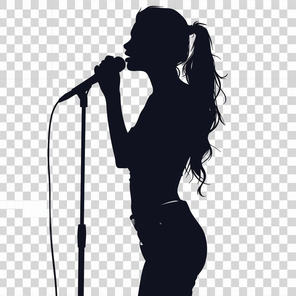 Silhouette of beautiful woman singer with microphone, vector illustration on transparent background, flat design, png