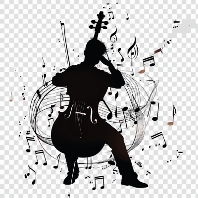 Silhouette of an adult playing the cello, musical notes around him, vector illustration on transparent background