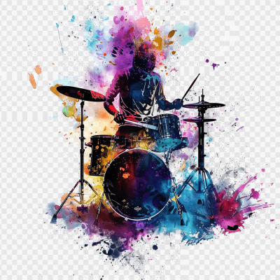 Watercolor Drums, Vibrant Color Splash of Misty Musician Playing guitar and drums with paint splash on transparent background clipart