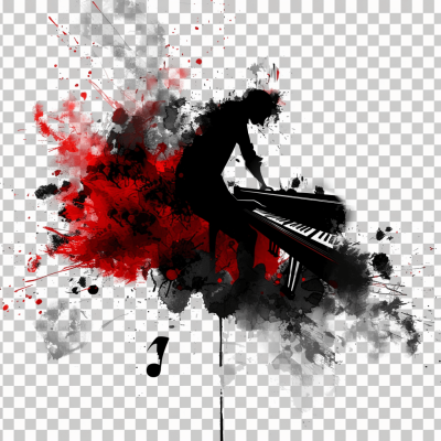 Piano, splashes of red and black ink, silhouette of man playing piano against a transparent background. The artwork is in the style of Chinese artist unknown.