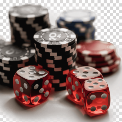 poker chips and dice on transparent background, png file for photoshop, high resolution, high quality, highly detailed, hyper realistic, hyperdetailed, high definition, high resolution, high detail, cinematic