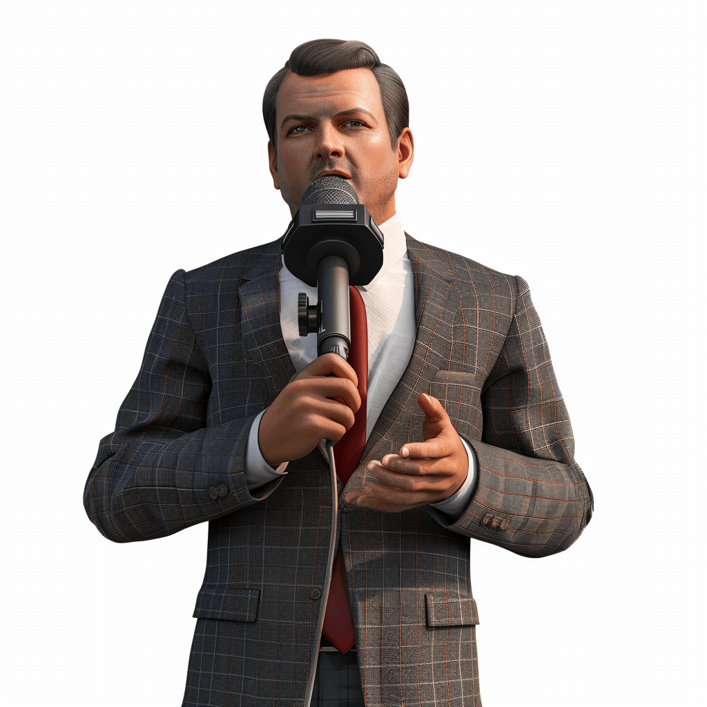 3D rendering of a Caucasian man in a suit holding a microphone, speaking to the camera, white background, in the style of gta game art, gta5 skin, no outline