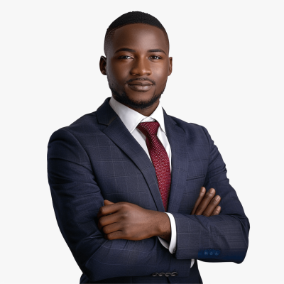 A realistic photo of an African male business professional, wearing navy blue suit with burgundy tie and white shirt, arms crossed on chest, looking confident at the camera against a plain background. The lighting is bright and even to highlight his features. He has short hair styled in a neat cut, clean shaven face, subtle smile, high resolution, Canon EOS R5 style