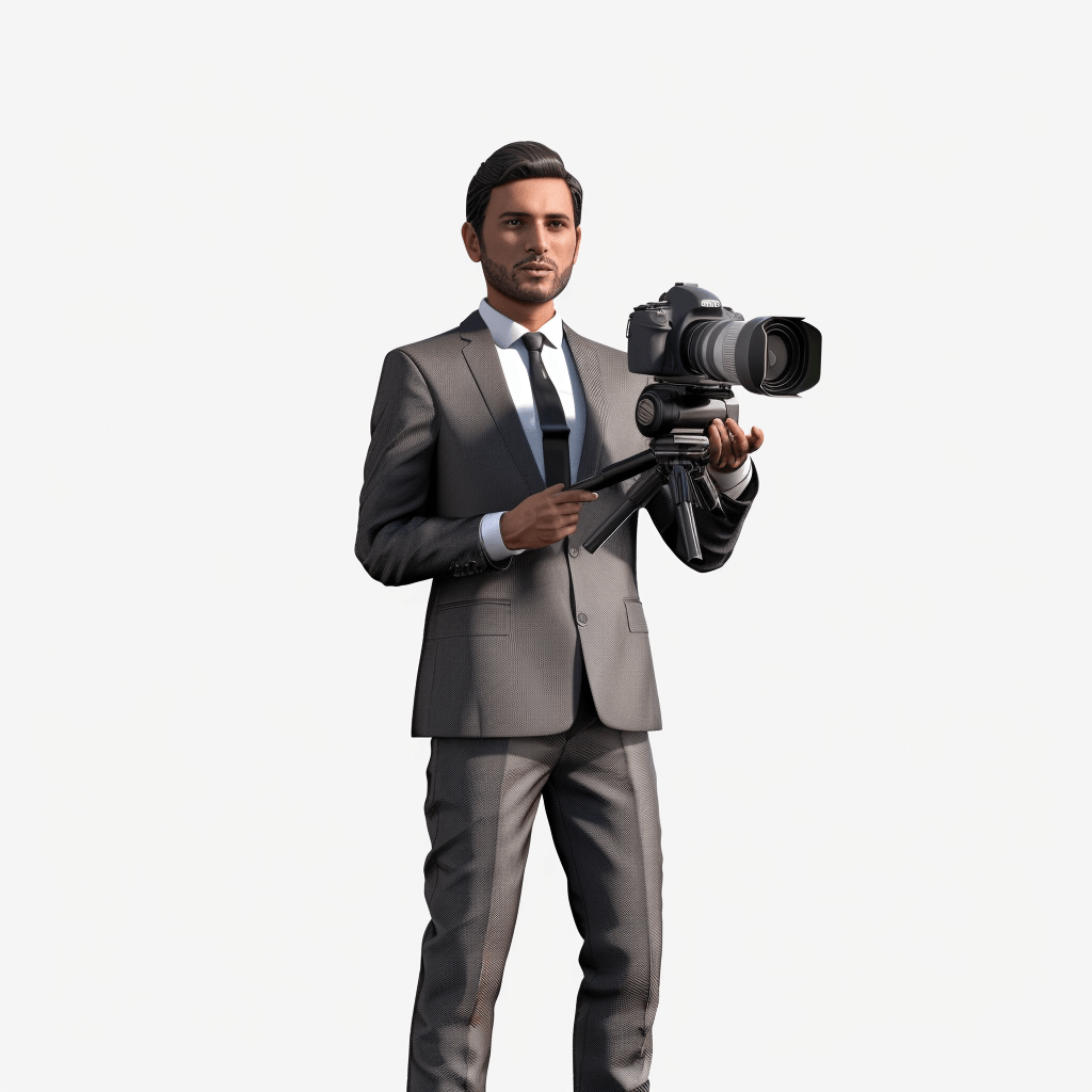 A male reporter in suit holding the camera, full body photo, white background, game character concept design, Unreal Engine 5 style, 3D rendering, high resolution, ultra detailed, best quality