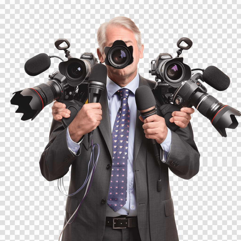 A journalist holding microphones and cameras, dressed in business attire with gray hair, transparent background PNG file. The photo should be realistic, with high resolution details, and include the element of media cover for newspaper or magazine.