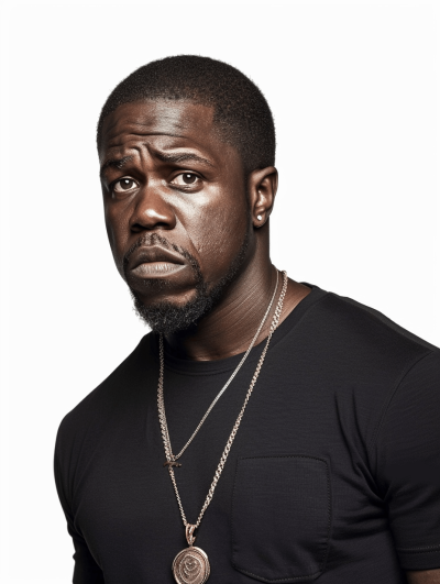 portrait of kevin hart, wearing a black t-shirt and a silver necklace against a white background, in the style of professional photography with studio lighting.