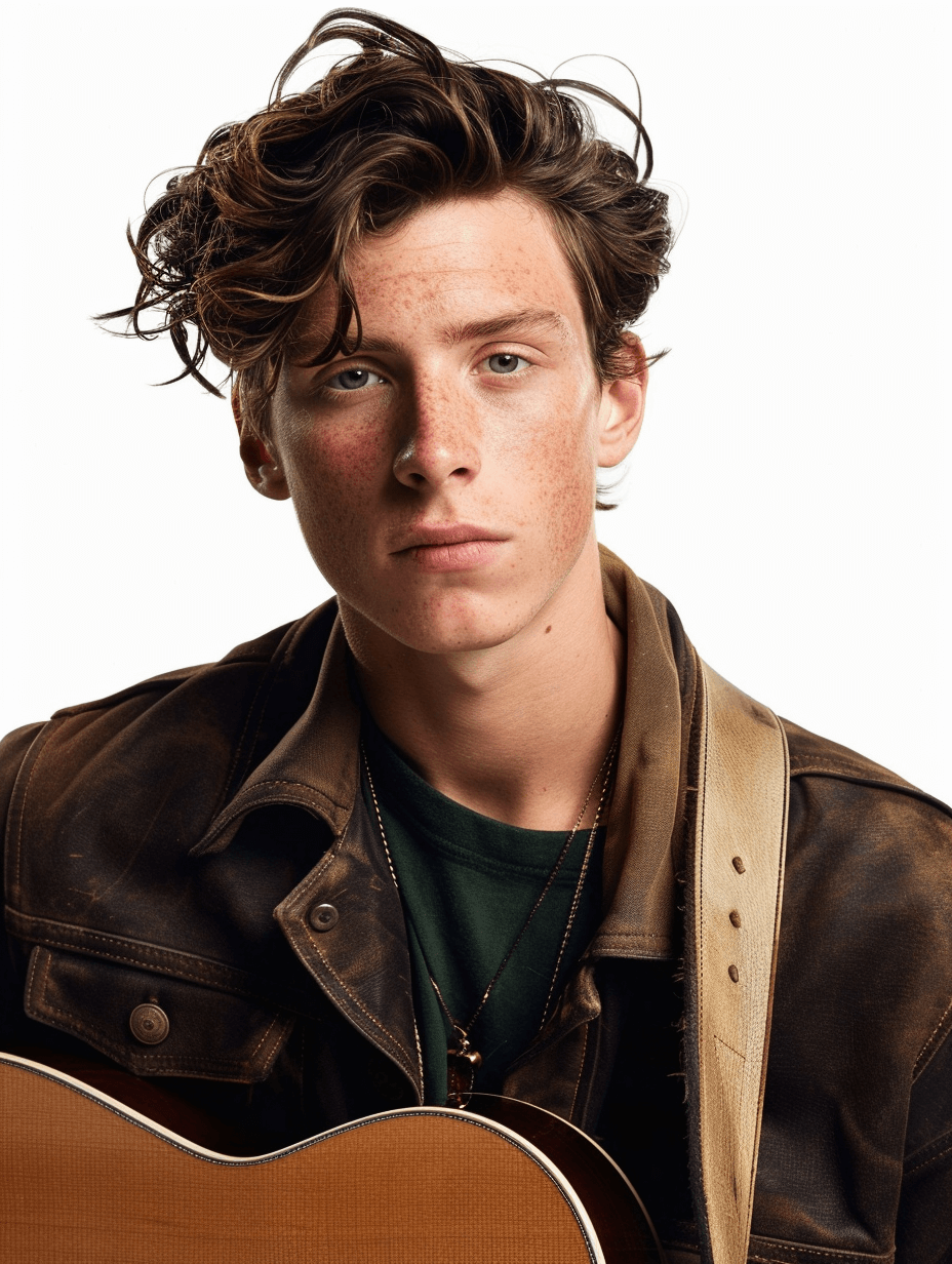 A photo of an American young man with freckles, holding a guitar and wearing a brown jacket, posing for the camera against a white background, shot in the style of Canon EOS R5.