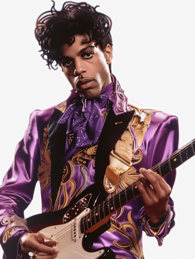 Photorealistic, hyper realistic, highly detailed portrait of Prince wearing his iconic purple and gold outfit playing the guitar on a white background, studio photo shot in the style of Canon EOS.