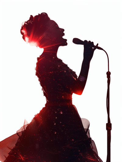 An elegant singer is silhouetted in profile, holding a microphone and singing with passion, dressed in a luxurious evening dress against a white background with red light shining on her face. It is a hyperrealistic illustration in the style of photo realistic style with cinematic lighting, soft shadows, no contrast, and sharp focus like high resolution photography. HDR.