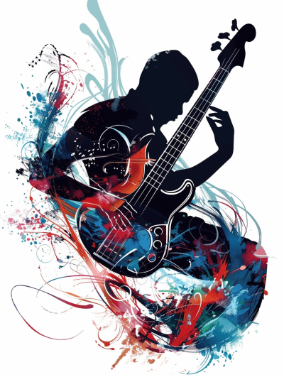 vector illustration of silhouette of man playing bass guitar, colorful swirls and watercolor splashes