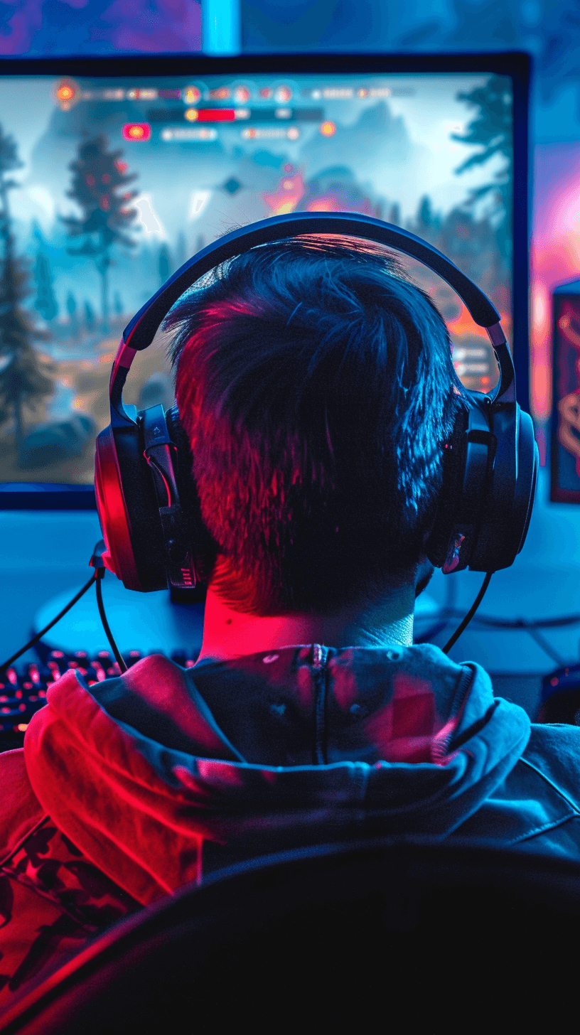 A young man wearing headphones is playing the game fortnite on his gaming computer, back view, dark blue and red lights, gaming room, hyper realistic, high resolution photography, high angle shot, professional color grading, soft shadows, no contrast, clean sharp focus, focus stacking, beautiful bokeh