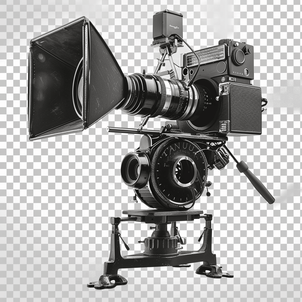 vintage film camera with a large lens and a studio stand, transparent background, in the style of a png style