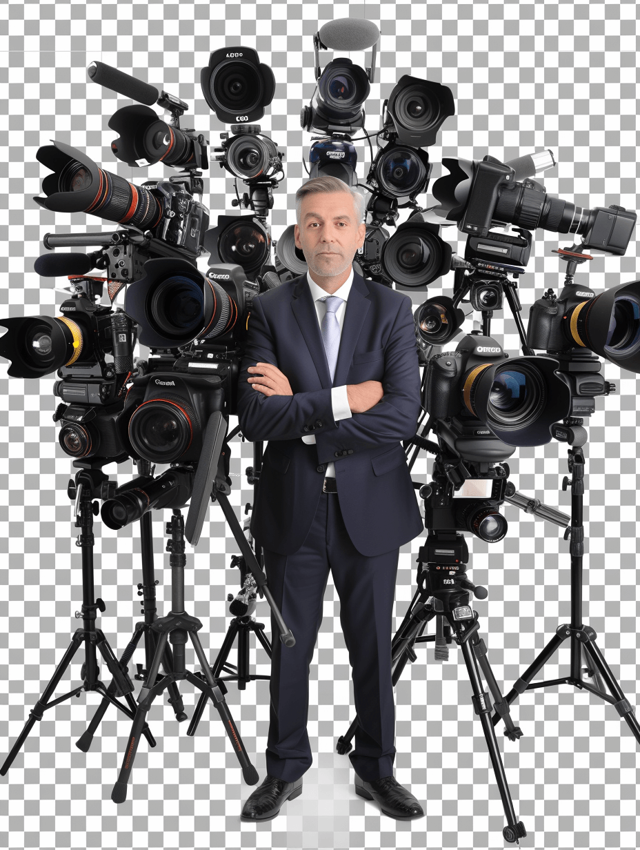 a man in suit standing between many cameras and camera stands, transparent background, png photo for stock photography, high resolution, hyper realistic, highly detailed, high definition, high quality, high resolution, high detail, hyperrealistic, hyperrealism, hyperdetailed, hyperphotorealistic, hypercinematic, hyperdetail, hypersharp, hyperquality, hyperresolution, hyperbright lighting, hyperfine lines, hyperblue colors, hypercolors, hyperl太极拳 pose, hyperstyled hair cut, hypersketch style