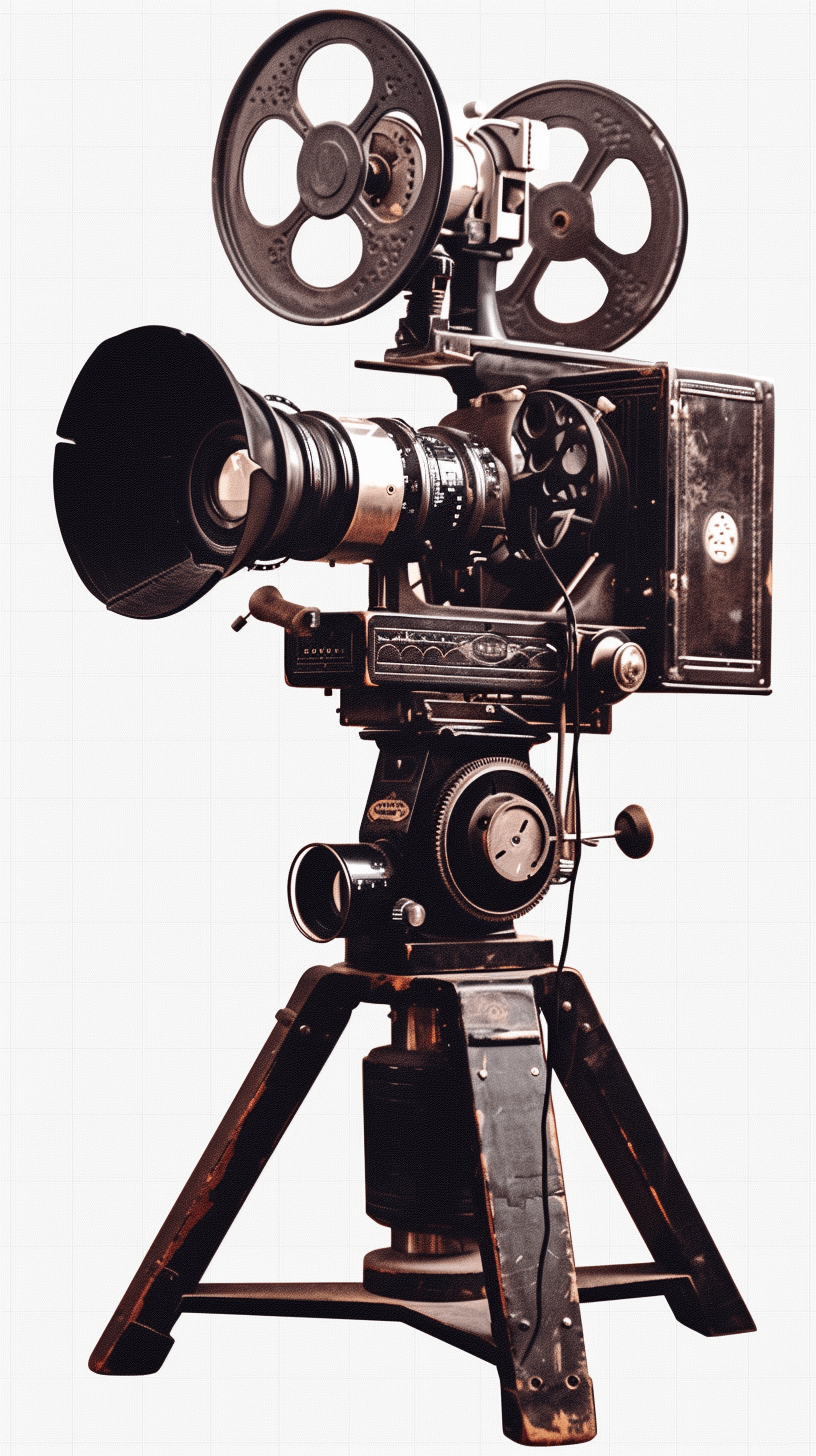 Vintage Movie Camera on tripod, transparent background PNG ultra realistic photo by [Peter Gric](https://goo.gl/search?artist%20Peter%20Gric) and [Tim Burton](https://goo.gl/search?artist%20Tim%20Burton), black metal with wood details, vintage look, very detailed, hyper realism, no shading detail or gradients, white background, no text, no mockup