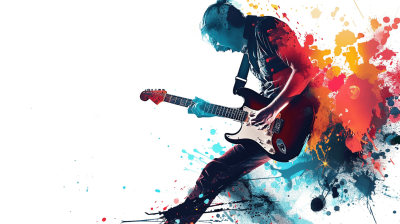 Guitarist playing guitar with a paint splash background vector illustration on a white background, in a high resolution photographic style, with insanely detailed fine details, in the style of a stock photo, with professional color grading, in the style of an oil painting.