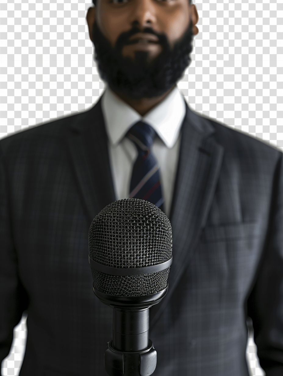 a black man in suit with beard standing behind microphone, transparent background, close up portrait