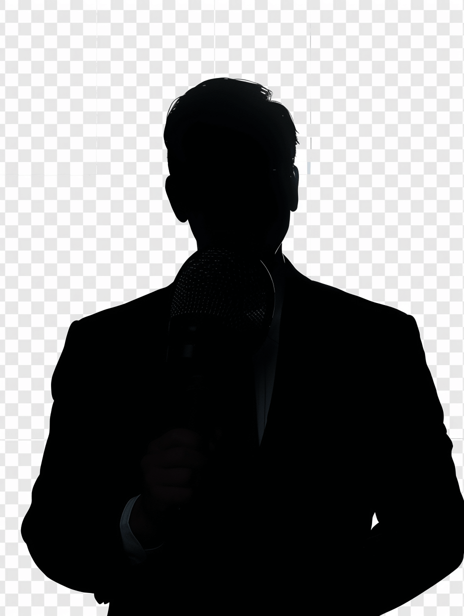 Silhouette of man in suit with microphone, transparent background, no shadow on the face, png file