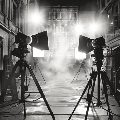 Two cameras on tripods in front of the facade of an old palace, spotlights shining down from above, steam rising, city street, black and white photography, cinematic light, soft focus, blurred background, smoke, film grain, very realistic photography in the style of unknown artist.