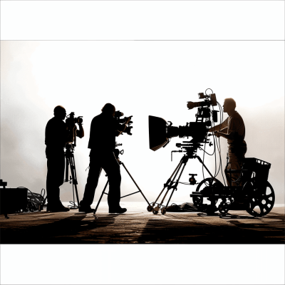 A movie set with cameras and crew silhouetted against a white background. The scene shows equipment and people in the style of shadows, minimally editing the original.