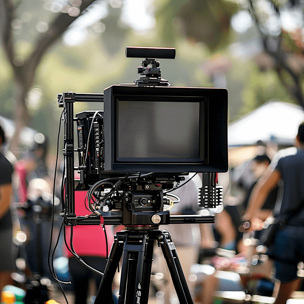 A photo of an advanced camera on a tripod, set up for outdoor live streaming at a farmers market in Los Angeles. People and street scenes are out of focus in the background.