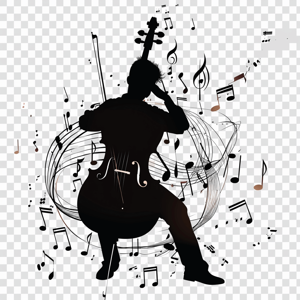 A silhouette of an actor playing the cello, surrounded by musical notes and symbols., isolate on transparent background , vector illustration for graphic design, artstation, high resolution