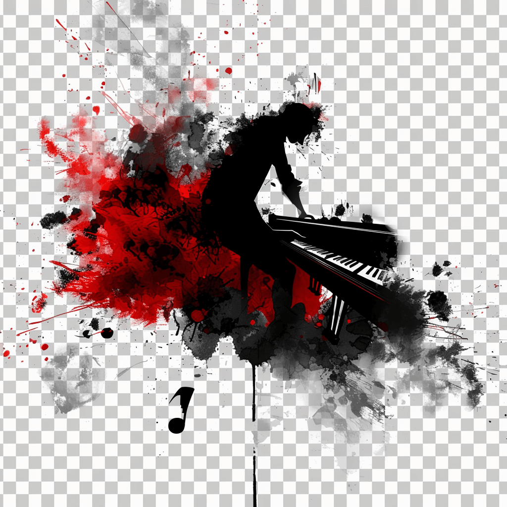 Abstract vector illustration design of silhouette piano player, red and black color splashes, paint strokes, on transparent background