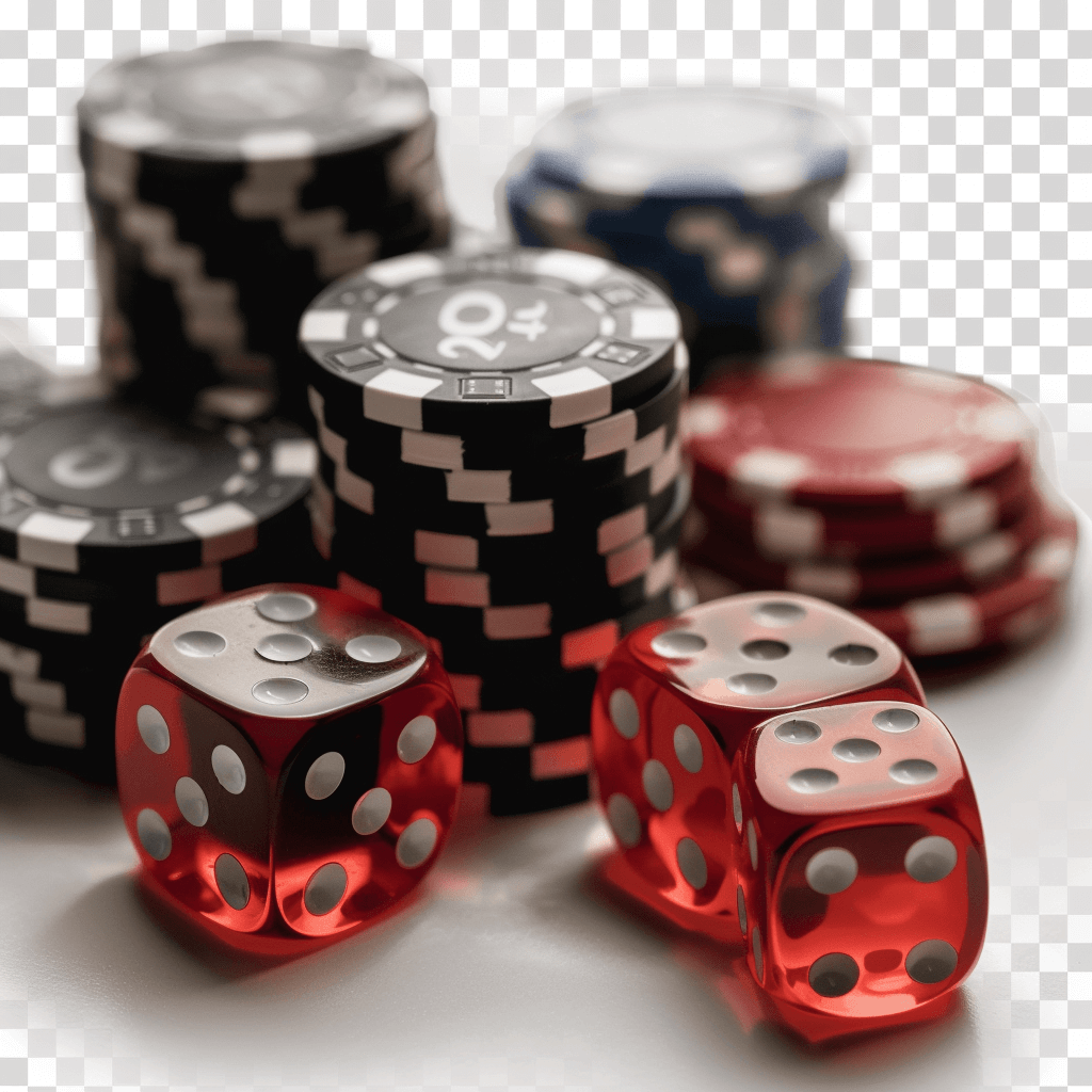 a pile of casino chips and red dice on transparent background, png file for cut out