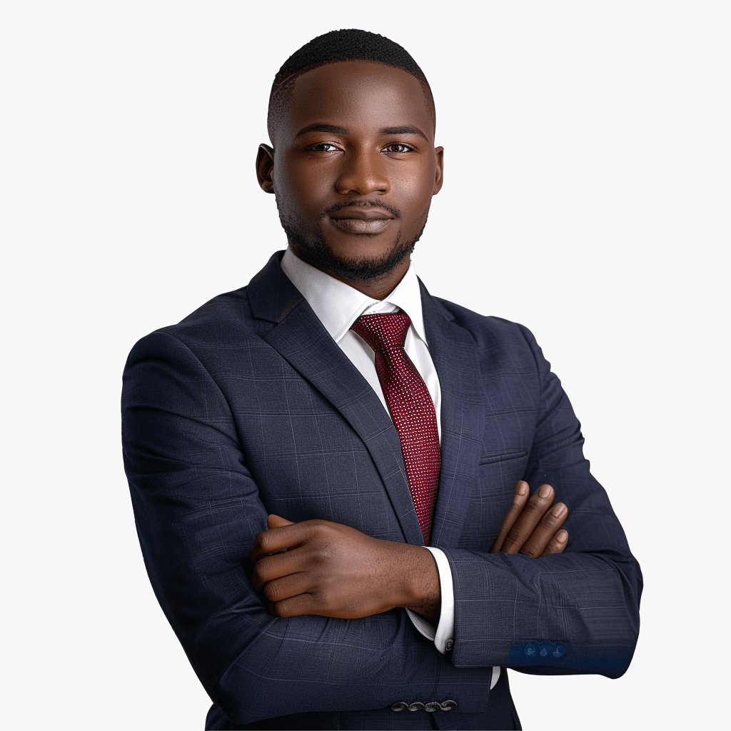 A realistic photo of an African male lawyer, wearing navy blue suit with burgundy tie and white shirt, arms crossed in front of his chest, confident expression, looking at the camera against a plain background. Studio lighting highlighting professional attire details.