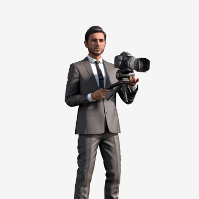 A male news reporter in his late thirties, wearing a grey suit and tie with dark hair holding a video camera on a white background, full body, 3D render, in the style of unreal engine, in the style of blender, hyper realistic.