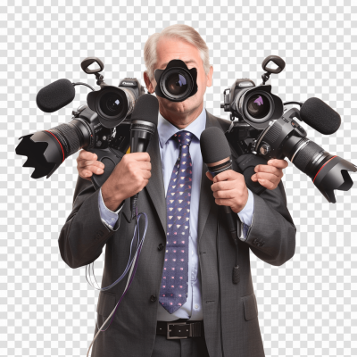 A man in a suit holding microphones and cameras, transparent background, PNG file without a body, with grey hair, color photograph of a news reporter holding multiple microphones, photo realistic in the style of by an artist.