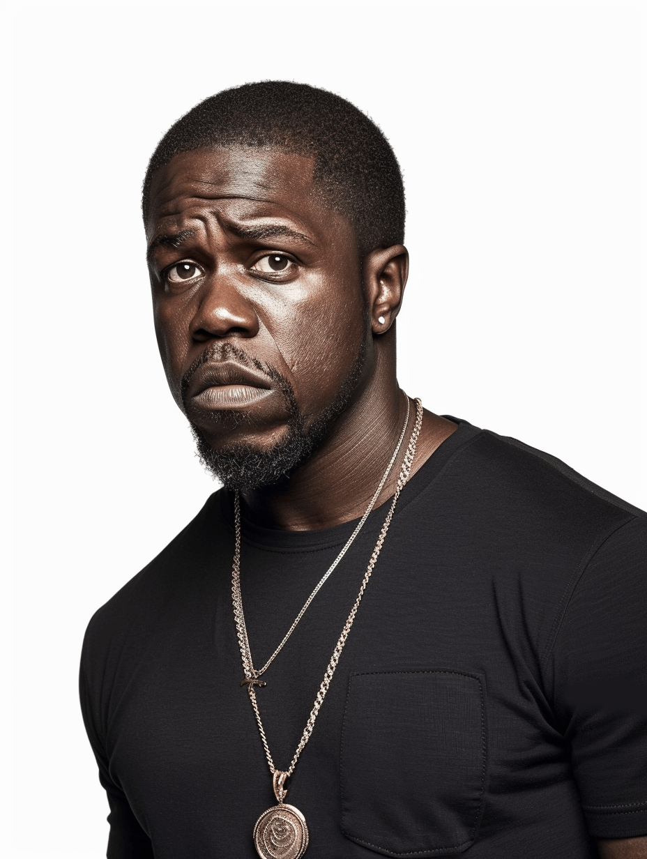 portrait of kevin hart, white background, wearing black tshirt, silver necklace, no text on the shirt, professional photography, white studio light