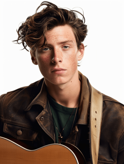 A photo of an American young man with brown hair, holding a guitar, wearing a dark green t-shirt and vintage jacket, freckles on his face, looking at the camera, white background, high resolution photography, insanely detailed, natural lighting, cinematic angle, fashion magazine cover style, advertising photography style, detailed skin texture, portrait, fashion pose.