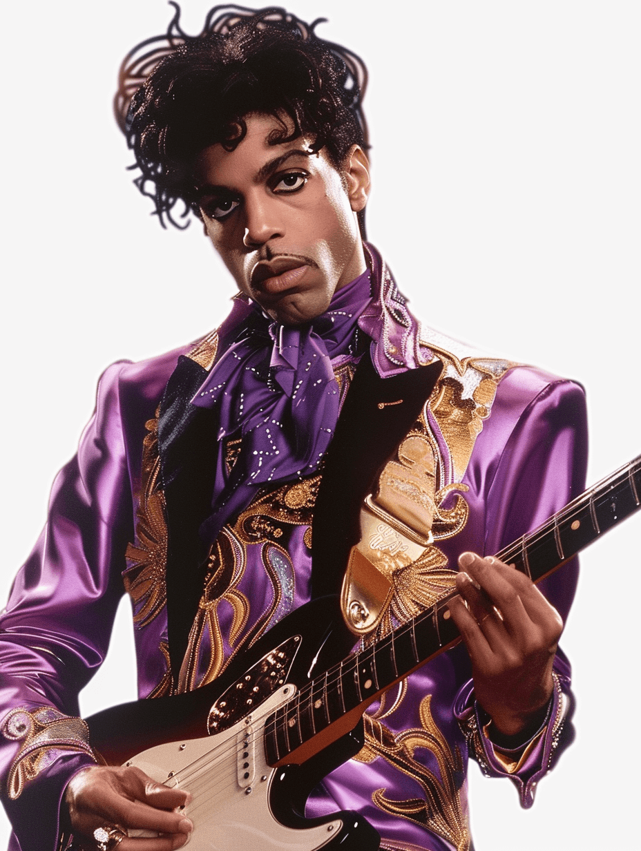 Prince playing guitar wearing a purple and gold jacket, against a white background, in a hyper realistic photographic style.