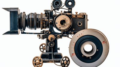 Vintage film camera with a large movie reel on a white background, with no text or letters in the picture, it is a professional photography with high resolution, high detail, hyper quality, high contrast, and high sharpness.