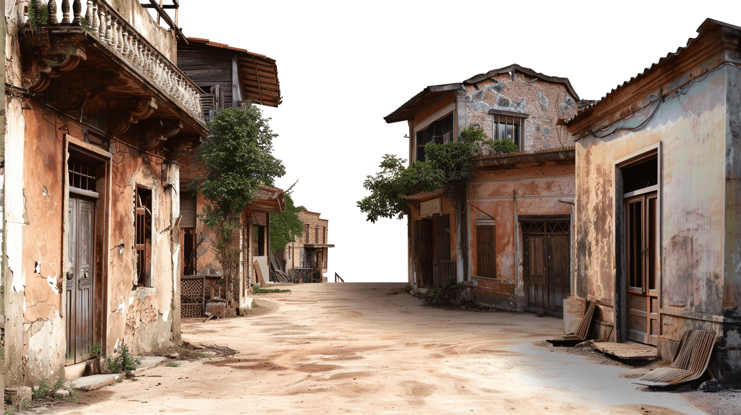 old abandoned town in Greece with buildings made of wood, dirt road and white background, photo realistic, hyper detailed, cinematic look at the front view, ultra wide angle, isolated on white background, 3d render, sharp focus, studio lighting, highly intricate, bright colors, in the style of super resolution.