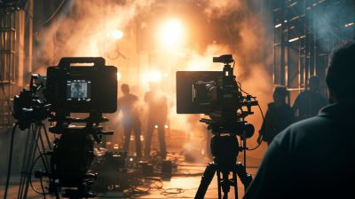 A cinematic scene of film crew with cameras and lighting equipment on set, surrounded by smoke and mist, capturing the essence of movie production. The focus is blurred to emphasize the dynamic atmosphere in an empty studio space. The color palette includes warm tones from orange lights and cool shadows, creating depth. This shot emphasizes professional photography techniques, highlighting details like the camera viewfinder, director's chair, and team members at work amidst the creative chaos of shooting a movie.