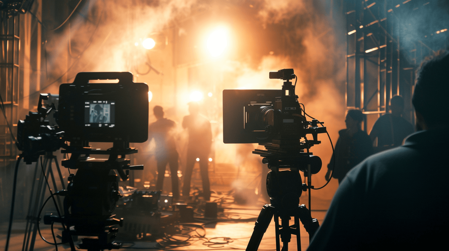 A cinematic scene of film crew with cameras and lighting equipment on set, surrounded by smoke and mist, capturing the essence of movie production. The focus is blurred to emphasize the dynamic atmosphere in an empty studio space. The color palette includes warm tones from orange lights and cool shadows, creating depth. This shot emphasizes professional photography techniques, highlighting details like the camera viewfinder, director’s chair, and team members at work amidst the creative chaos of shooting a movie.