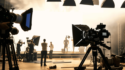 A professional video production studio in action, with cameras and lighting equipment set up for an indoor shoot. The scene includes crew members working on the background while actors pose under dramatic lights, creating a dynamic atmosphere of creative activity. This is suitable as a stock photo or banner design.