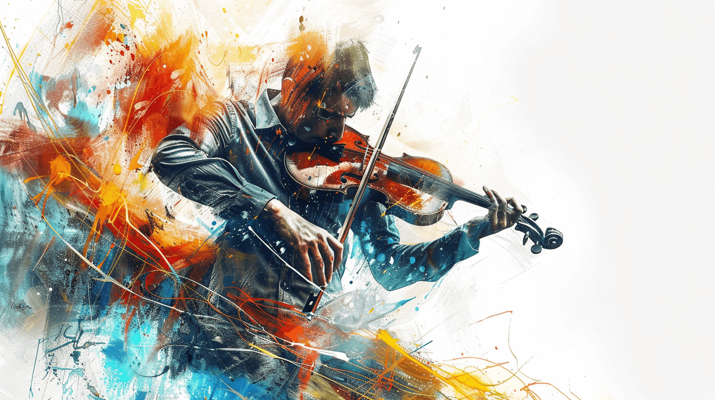 A man playing the violin in the style of a digital art style, colorful splash painting against a white background in high resolution with intricate details in a fantasy art style illustration with vibrant colors and a dynamic composition with detailed brushstrokes, soft lighting and motion blur creating an energetic atmosphere.