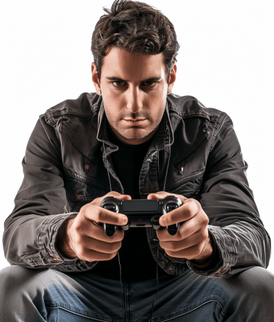 A man in his mid-30s playing video games, sitting on the floor holding game controllers with both hands against a white background, photographed in the portrait style with a closeup of his face and upper body. He is wearing casual  including a black jacket and jeans with a focused expression, creating a cool atmosphere.