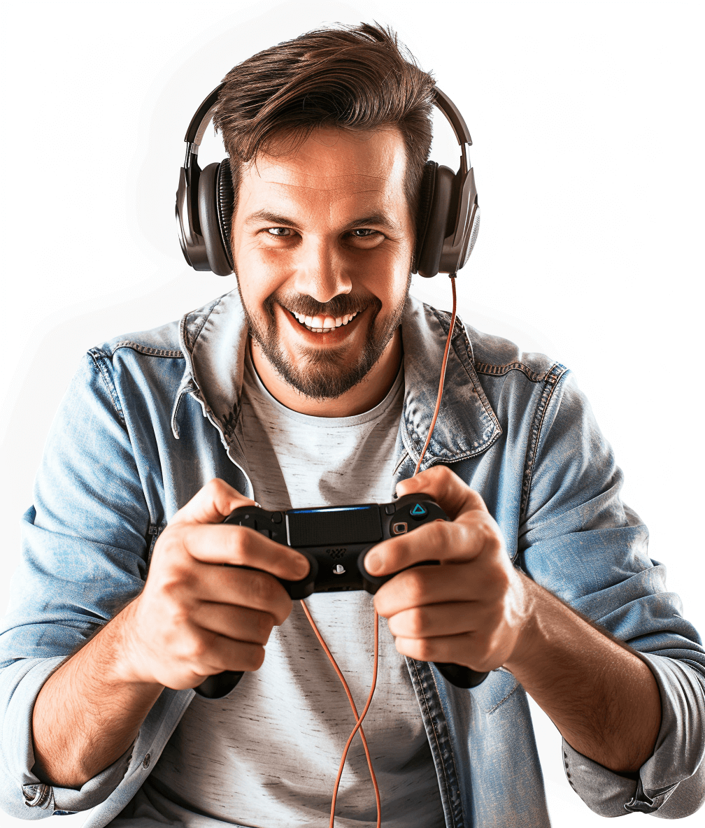 A smiling man playing video games with headphones in the style of isolated on a white background, png