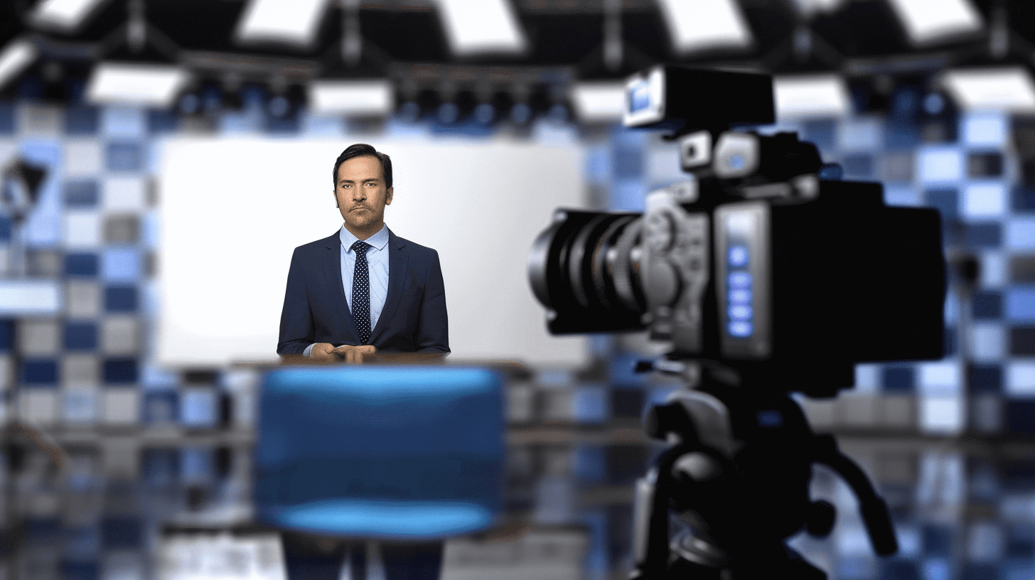 a news anchor in front of the camera with a white screen behind him, a blue and black set design, a professional video camera on top of it pointing at them, photo realistic