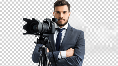 A handsome man in a suit holding a video camera, with a transparent background, in the style of a professional photo, with hyper realistic style.